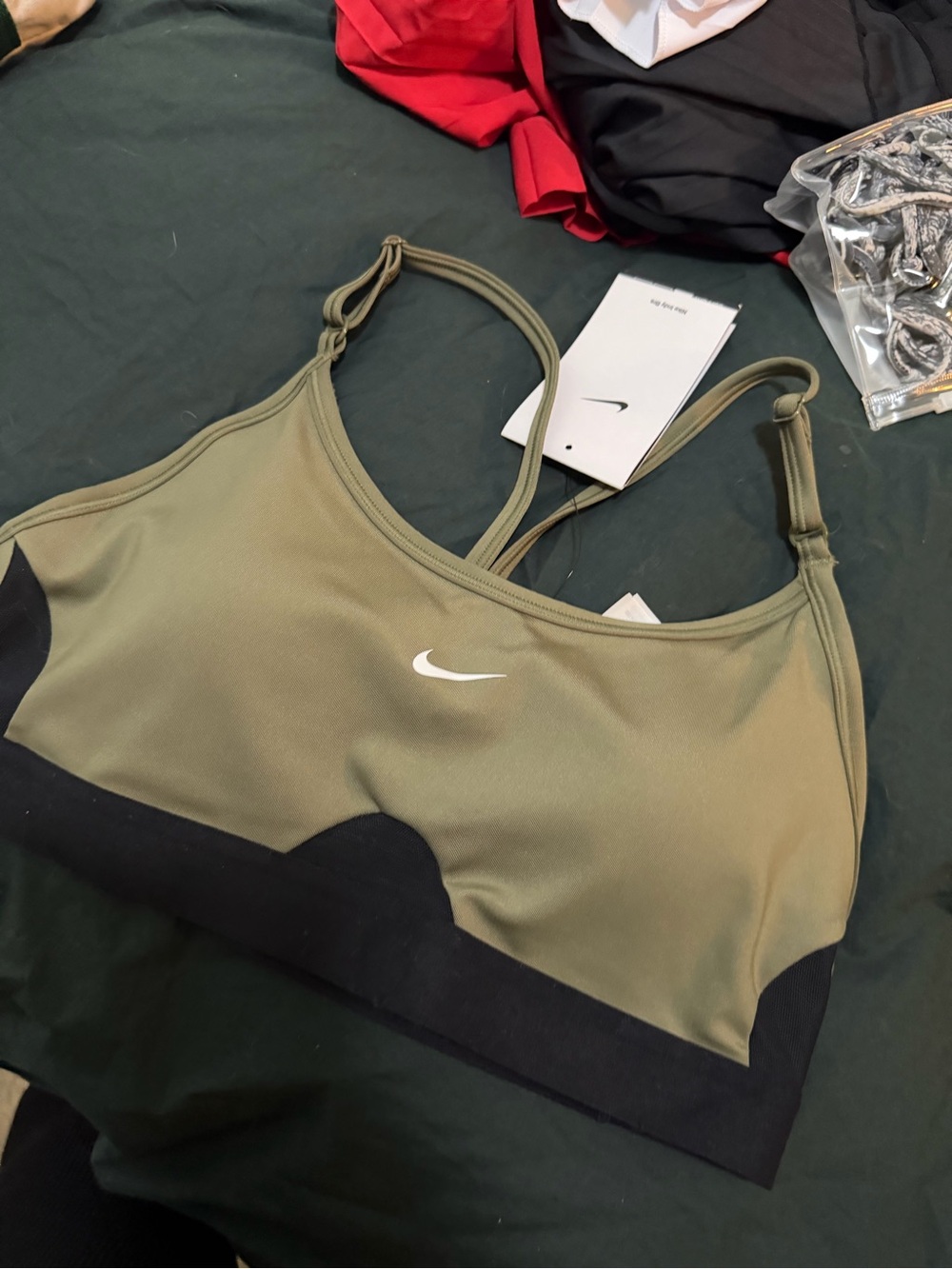 Nike Olive Green Sports Bra with White Swoosh